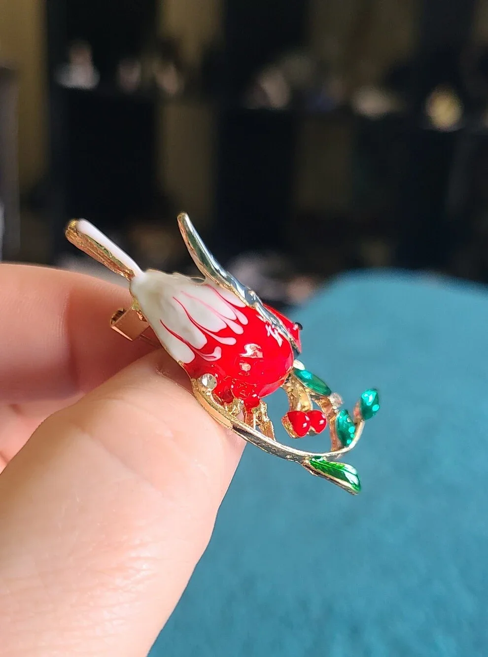 Vintage Red and Green Enamel Songbird Brooch